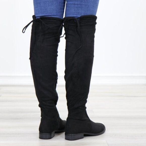 Black Suede Over the Knee Boots Low Heel Tie Back Detail - Picture 9 of 13